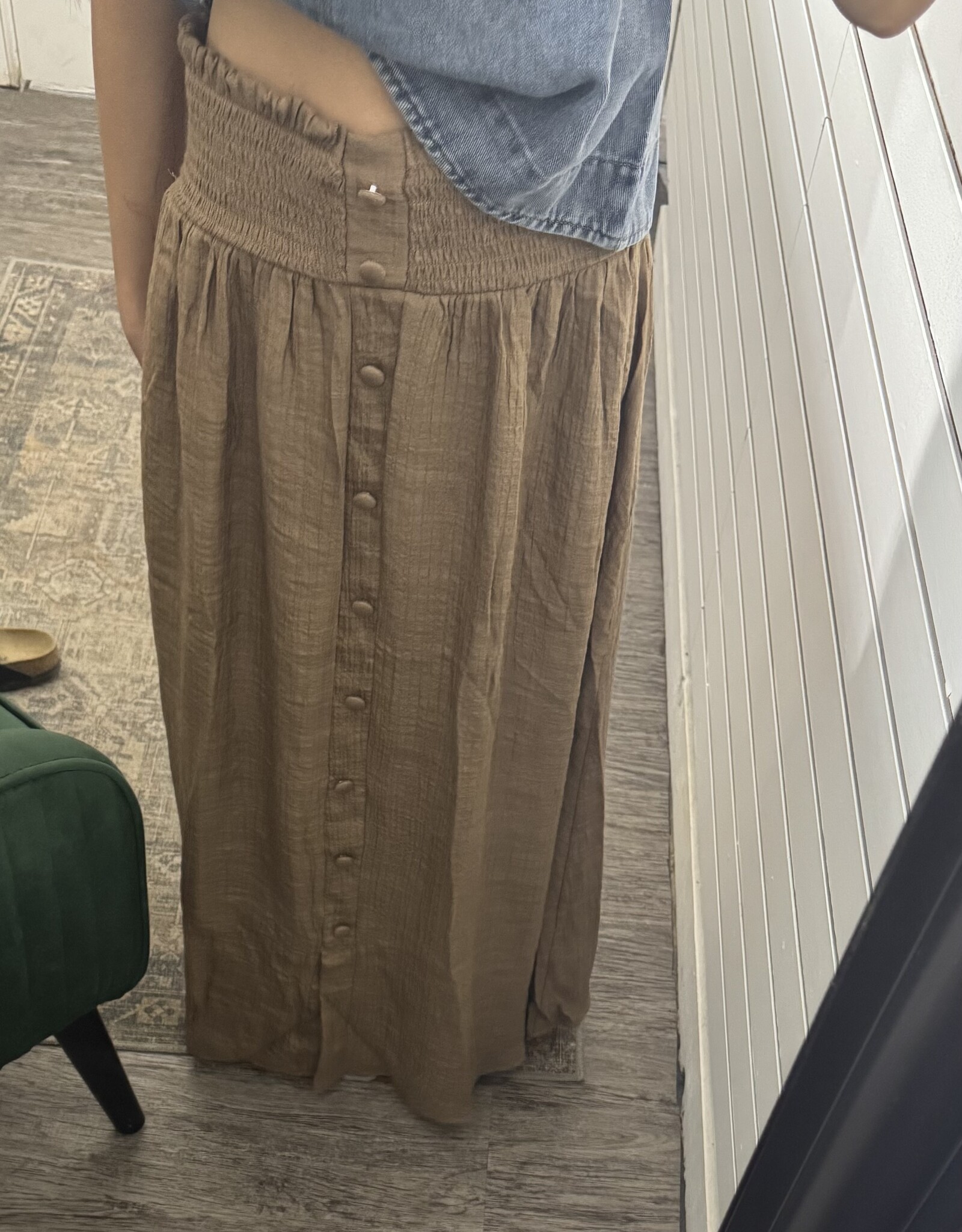 Blu Pepper Smocked Waist Ruffle Detail Button Down Midi Skirt