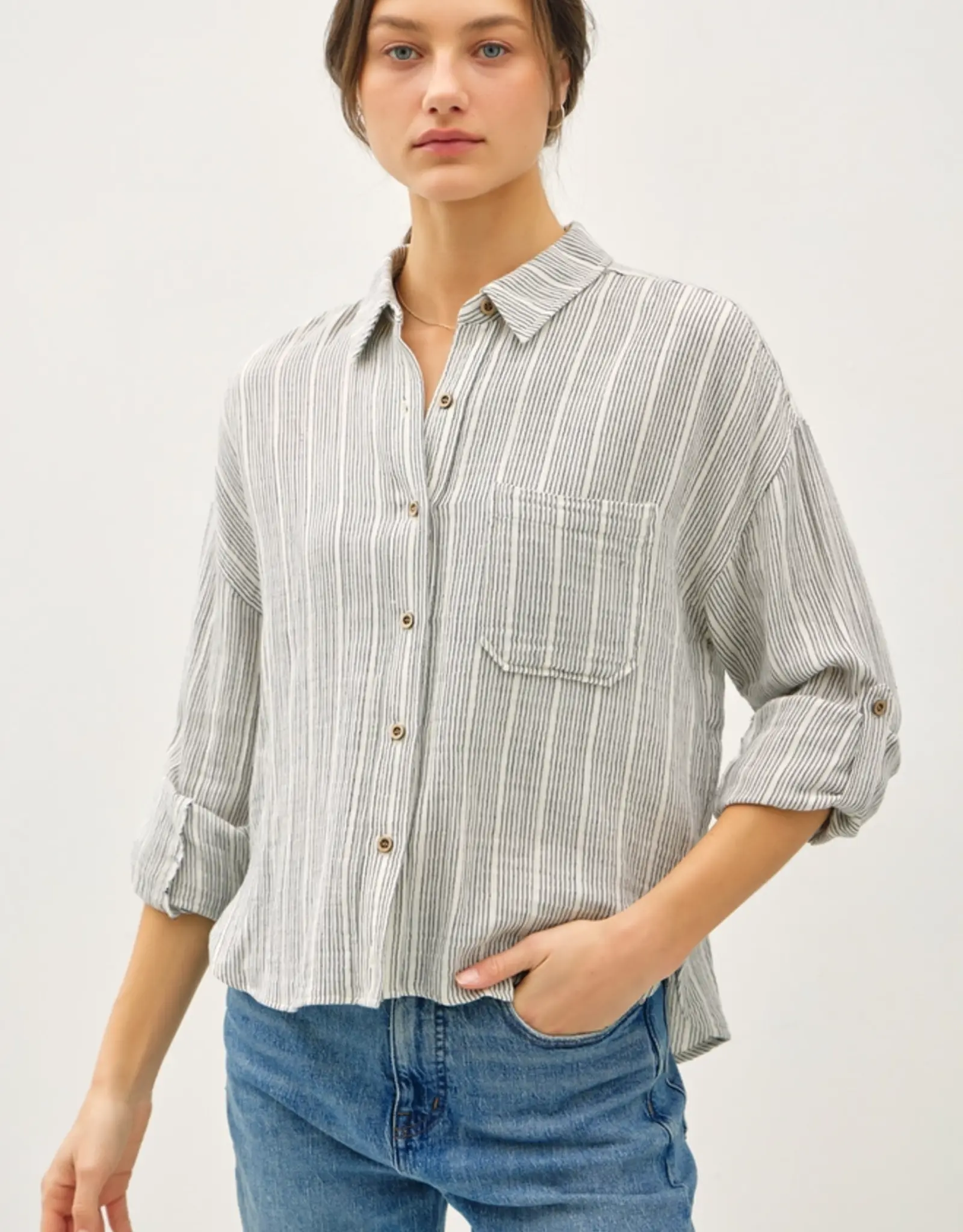Cotton Stripped Button Up Top