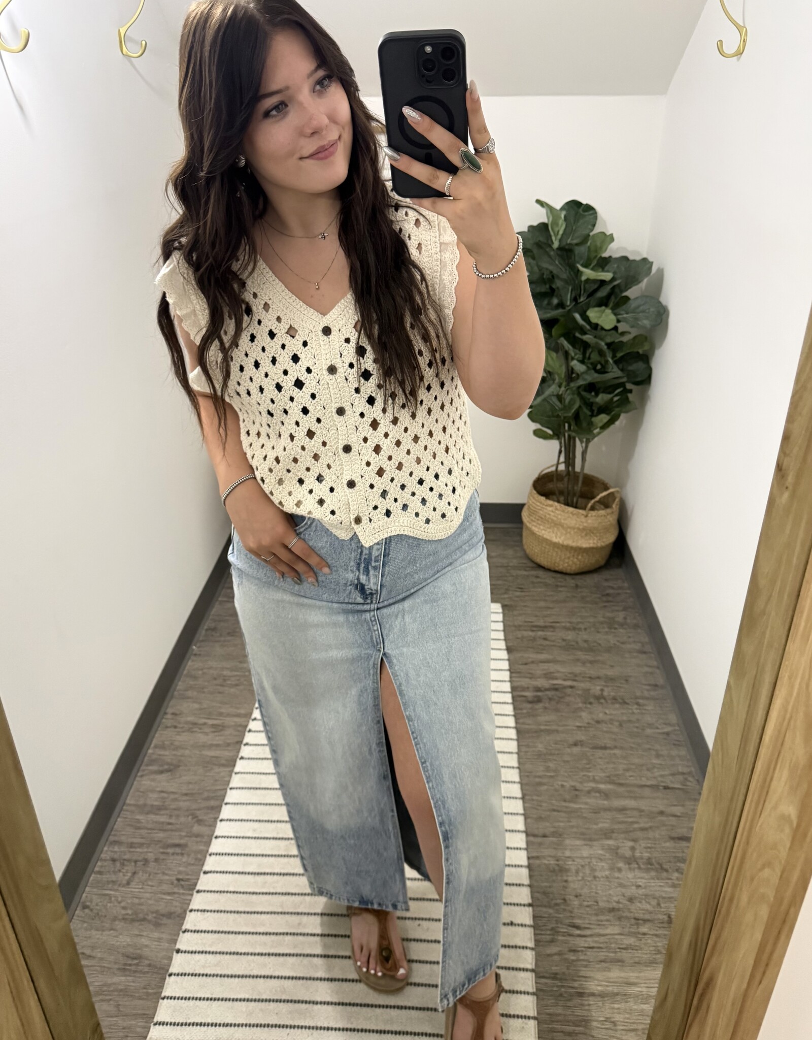 Sweet Lovely By Jen Open Knit Button Front Top