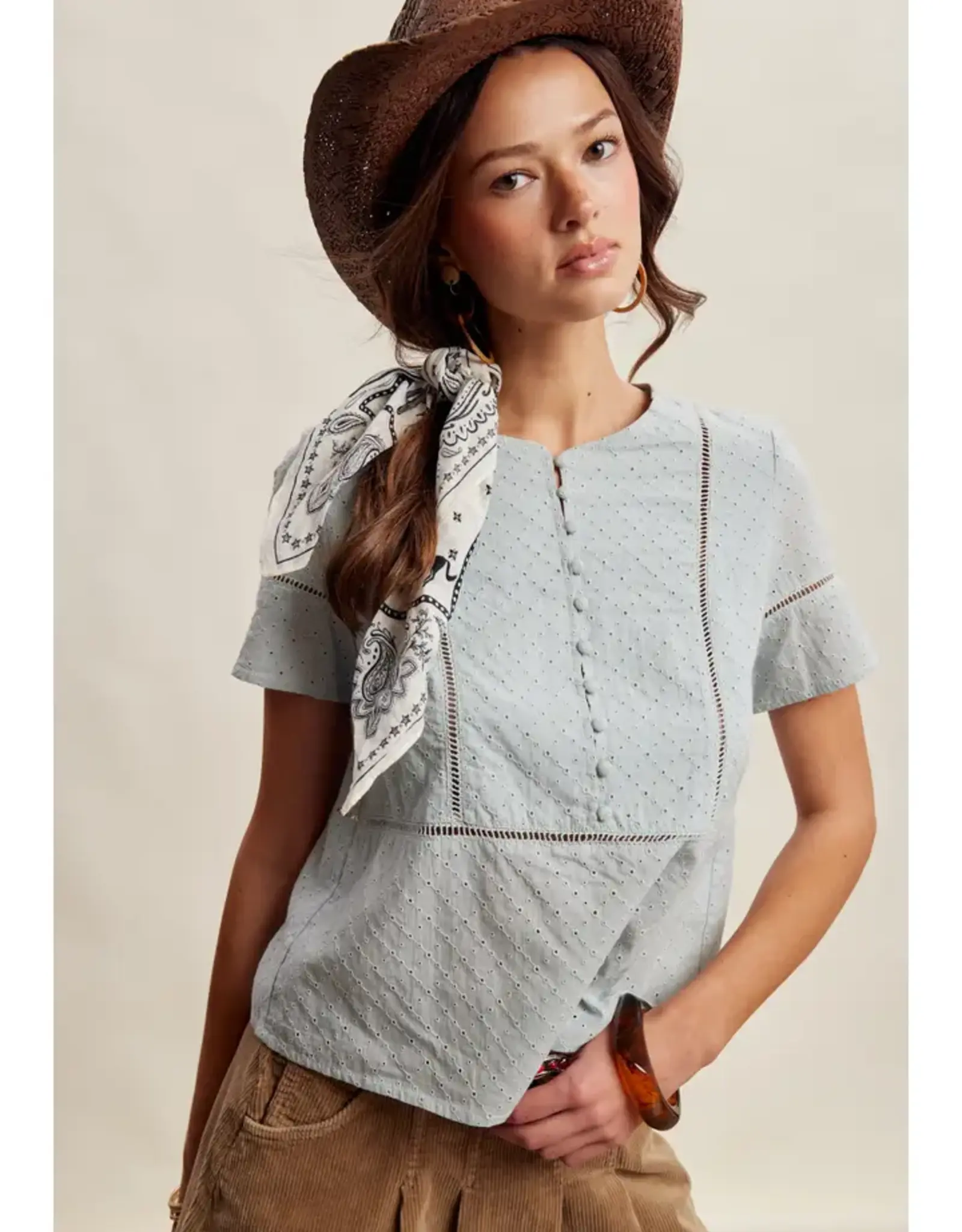 Listicle Eyelet Button Front Short Sleeve Blouse