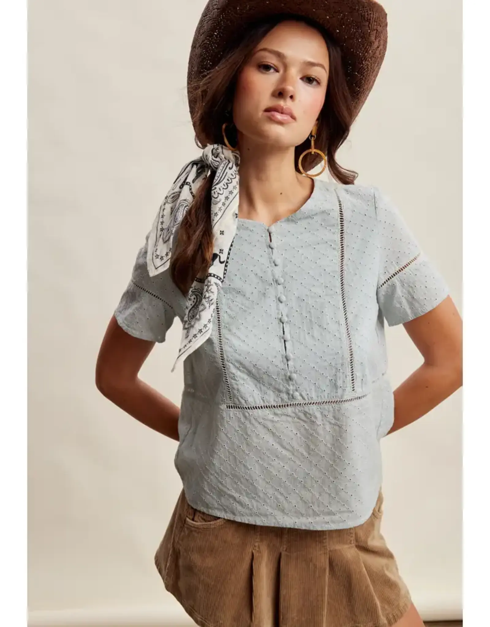 Listicle Eyelet Button Front Short Sleeve Blouse