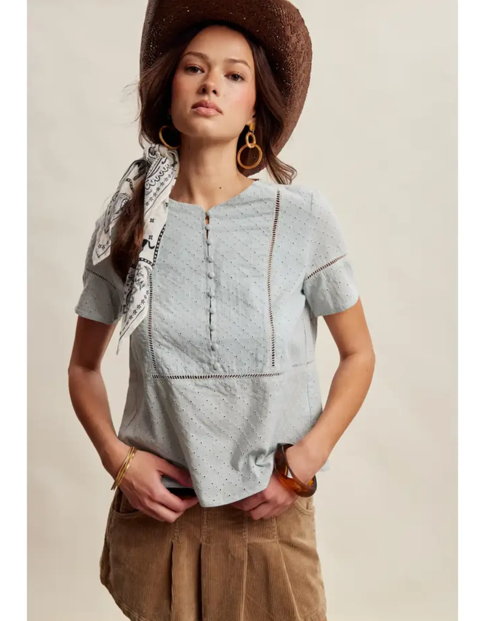 Listicle Eyelet Button Front Short Sleeve Blouse