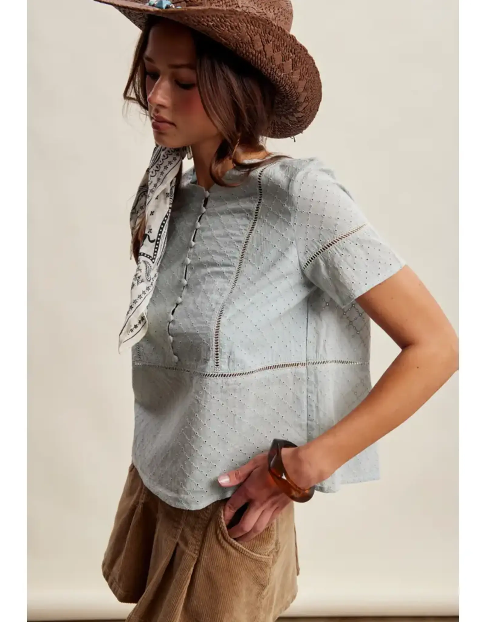 Listicle Eyelet Button Front Short Sleeve Blouse