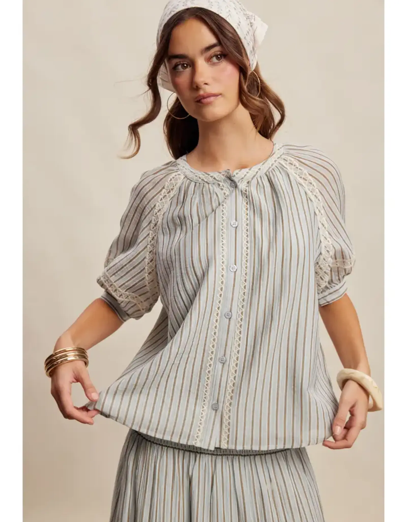 Listicle Striped Blouse With Embroidery