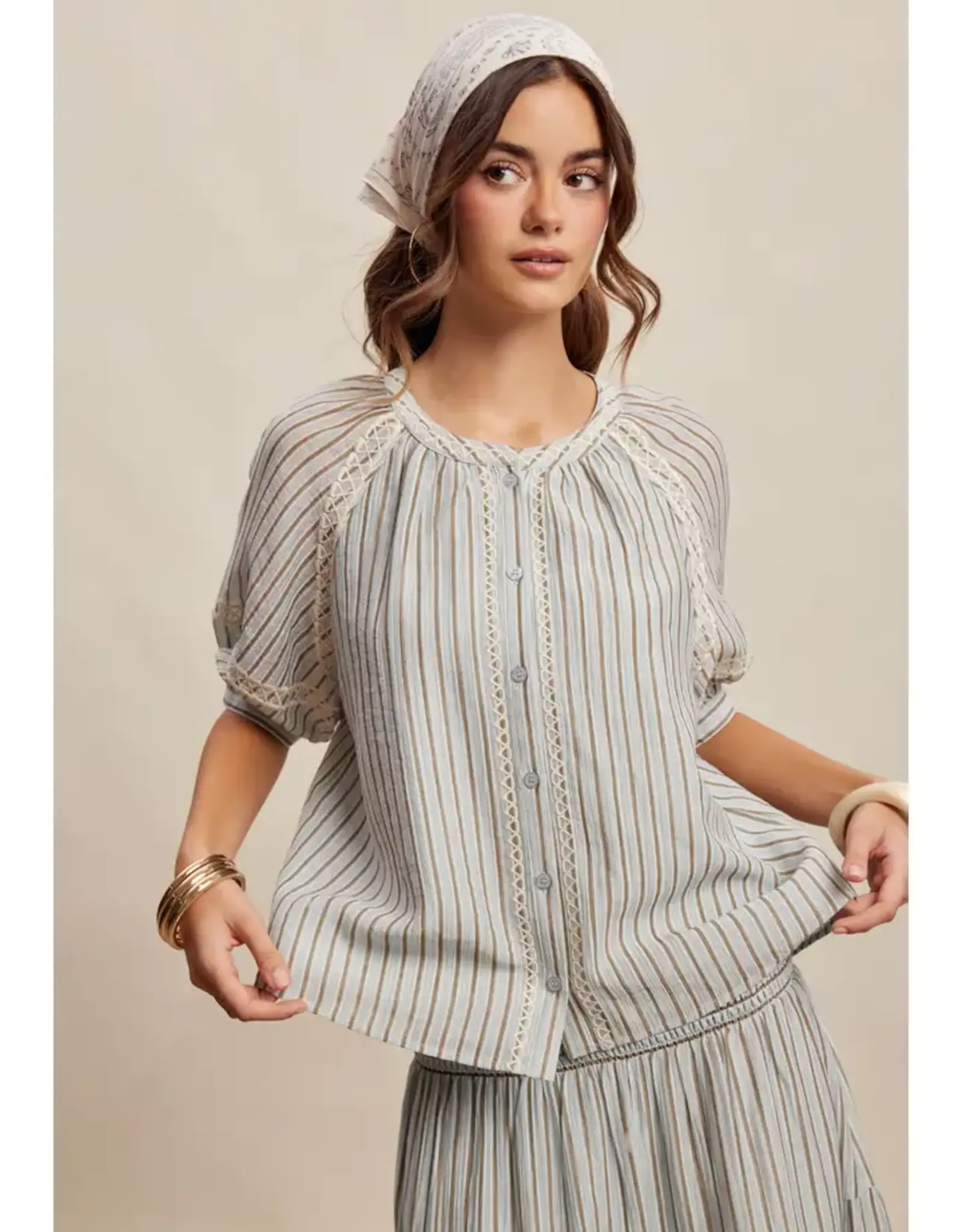 Listicle Striped Blouse With Embroidery