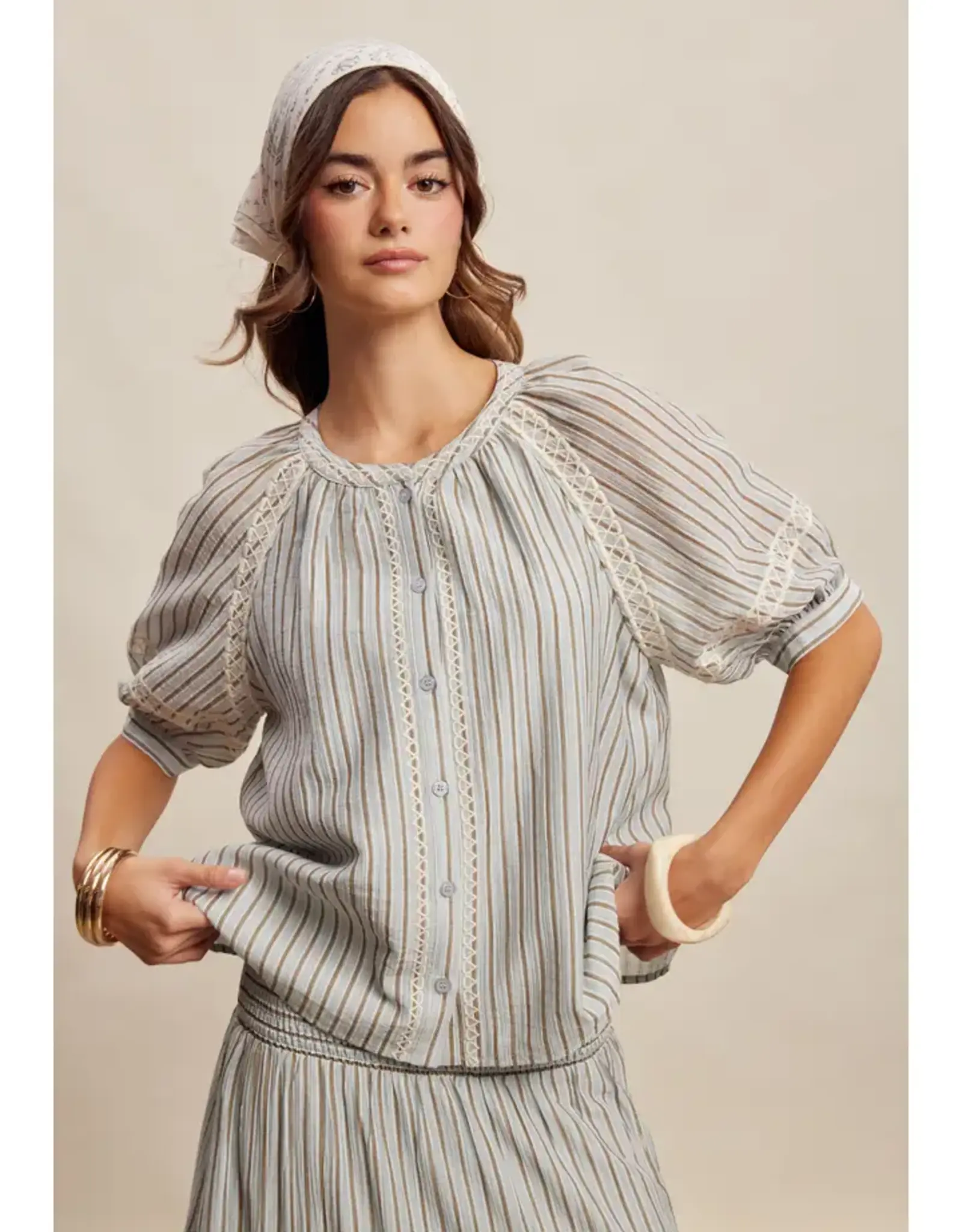 Listicle Striped Blouse With Embroidery