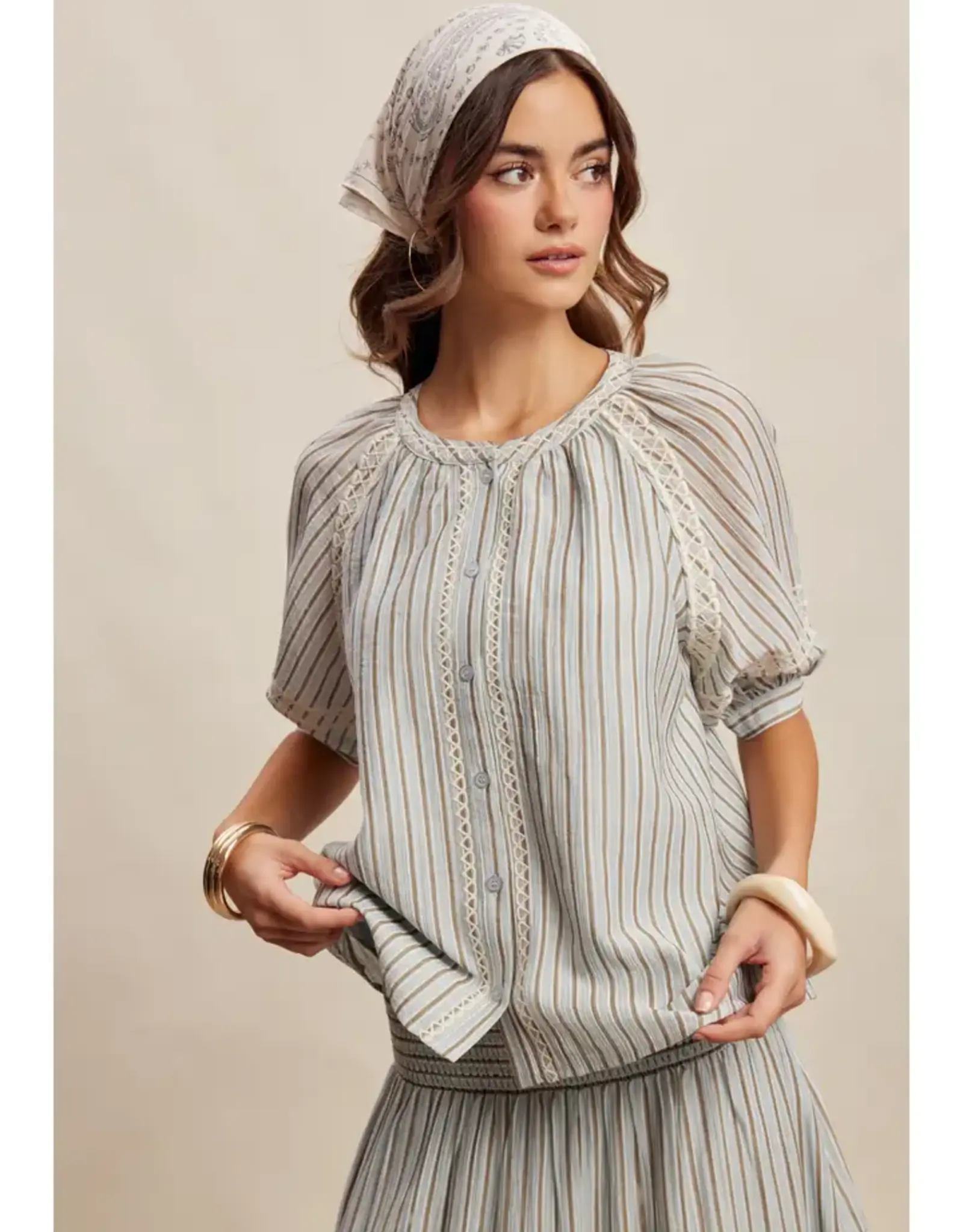 Listicle Striped Blouse With Embroidery
