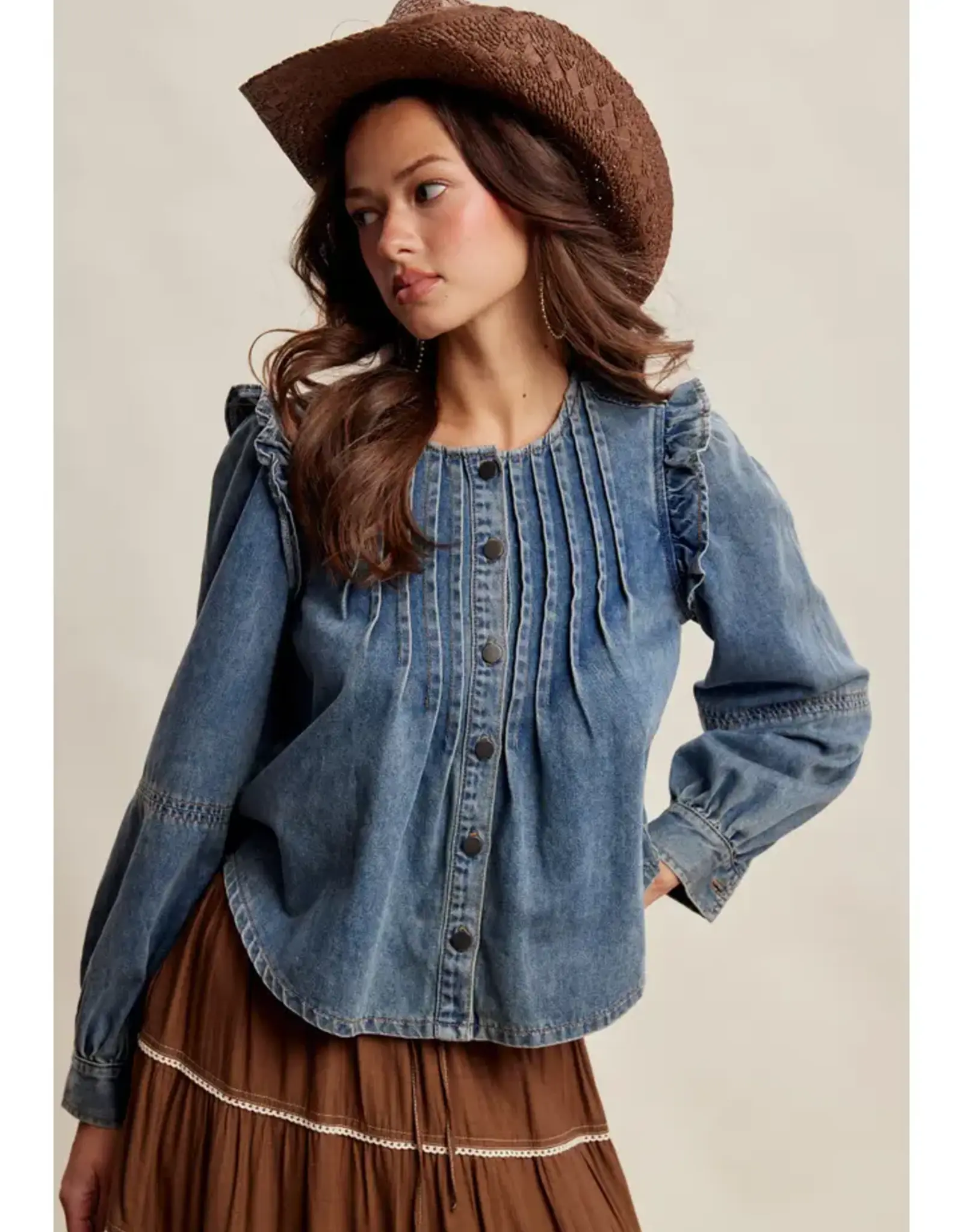 Listicle Ruffle Shoulder Denim Blouse