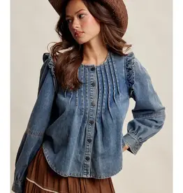 Listicle Ruffle Shoulder Denim Blouse