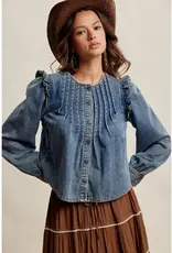 Listicle Ruffle Shoulder Denim Blouse
