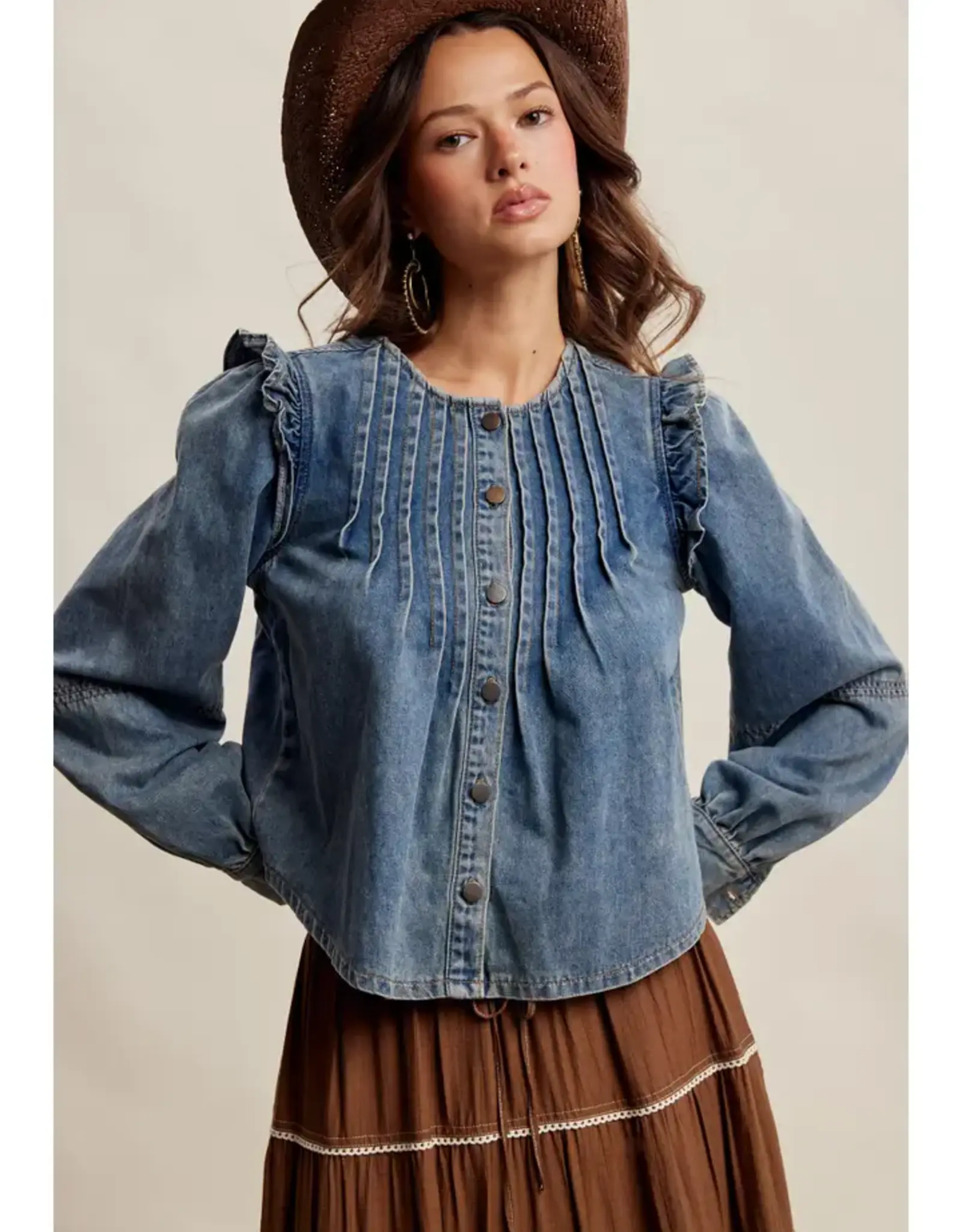 Listicle Ruffle Shoulder Denim Blouse