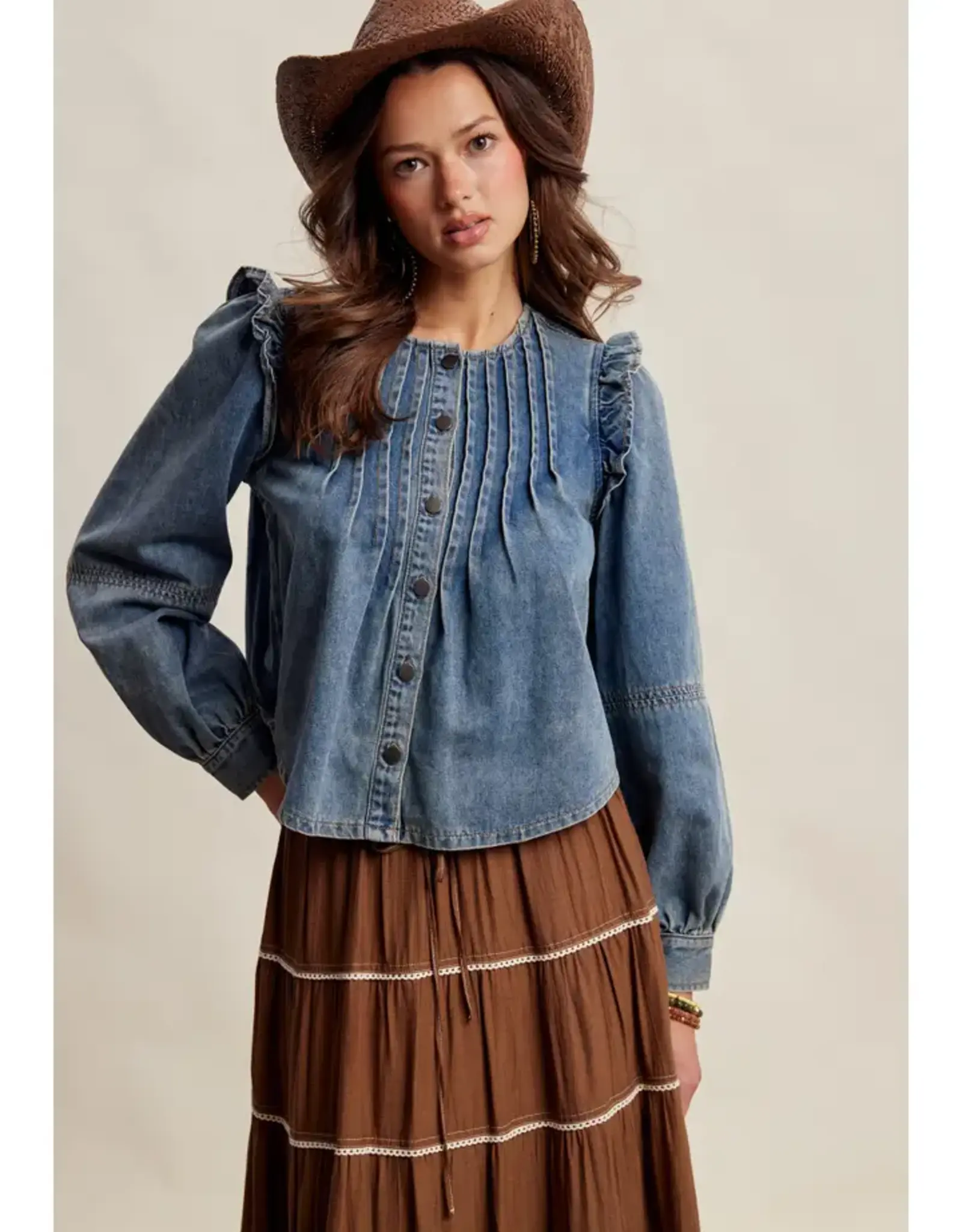 Listicle Ruffle Shoulder Denim Blouse
