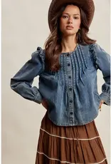 Listicle Ruffle Shoulder Denim Blouse