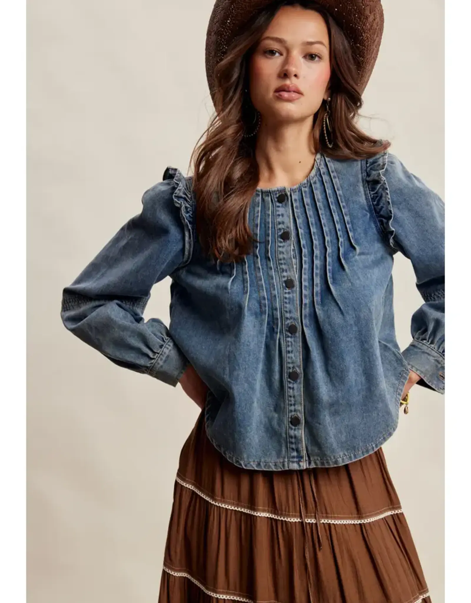 Listicle Ruffle Shoulder Denim Blouse
