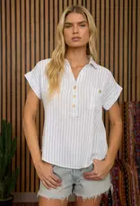 Blu Pepper Stripe Collared Cuffed Sleeve Top