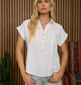 Blu Pepper Stripe Collared Cuffed Sleeve Top