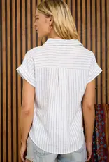 Blu Pepper Stripe Collared Cuffed Sleeve Top