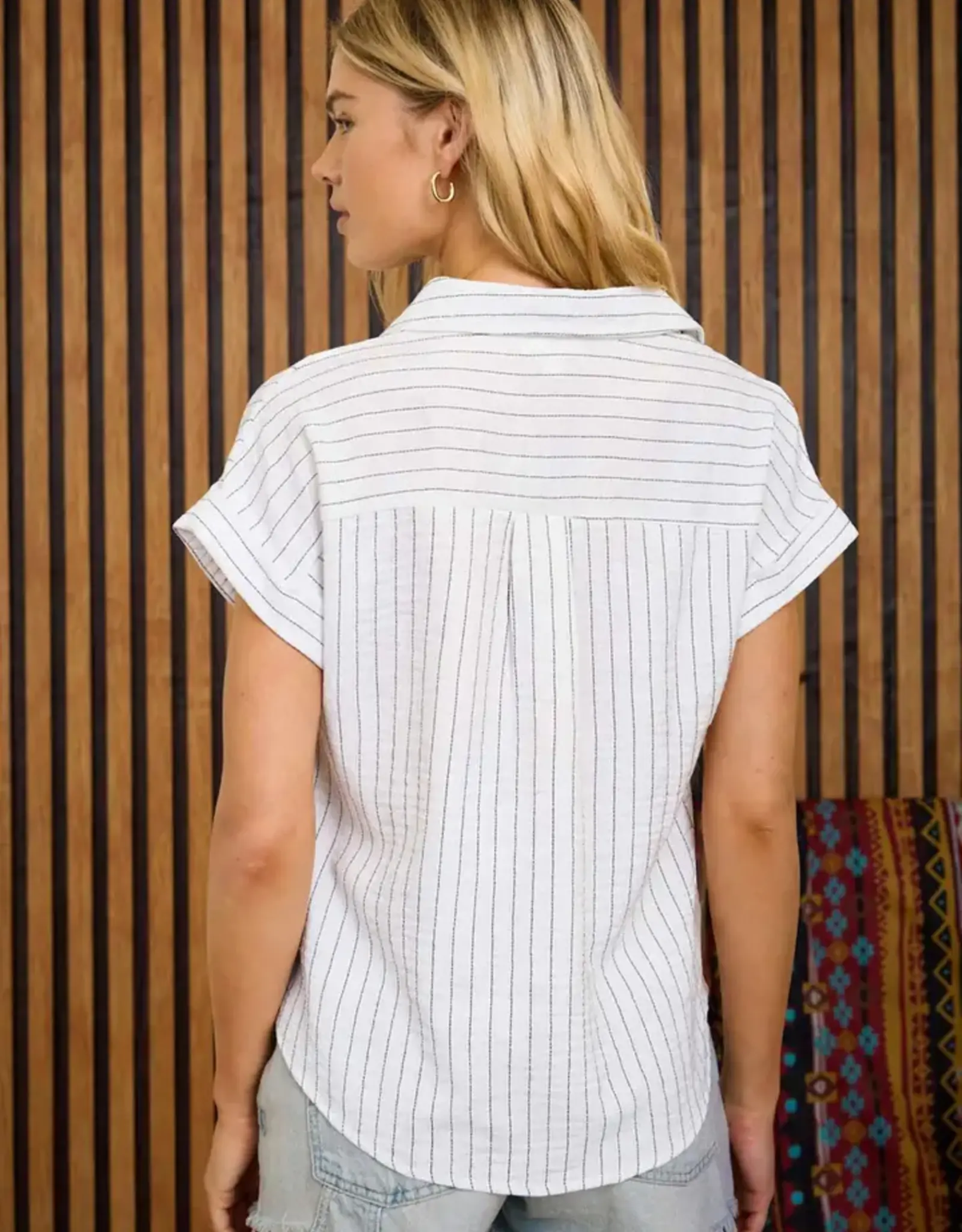 Blu Pepper Stripe Collared Cuffed Sleeve Top