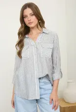 Blu Pepper Stripe Button Down Long Sleeve Top