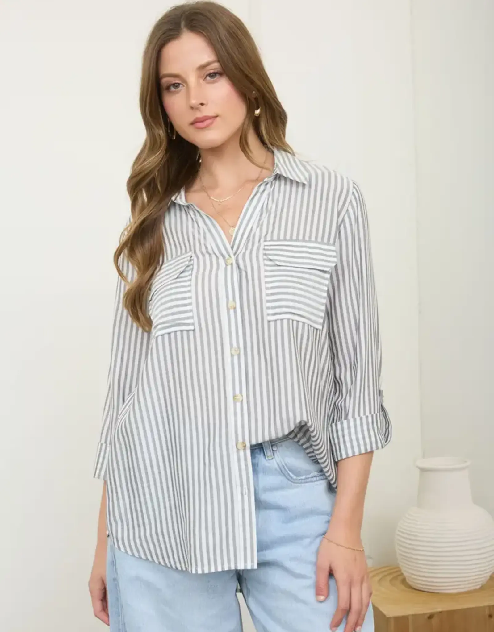 Blu Pepper Stripe Button Down Long Sleeve Top