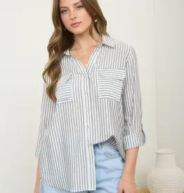 Blu Pepper Stripe Button Down Long Sleeve Top