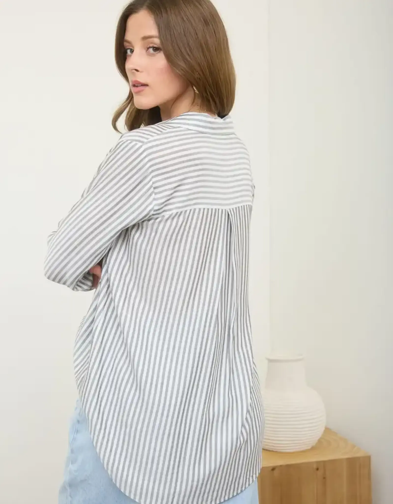 Blu Pepper Stripe Button Down Long Sleeve Top