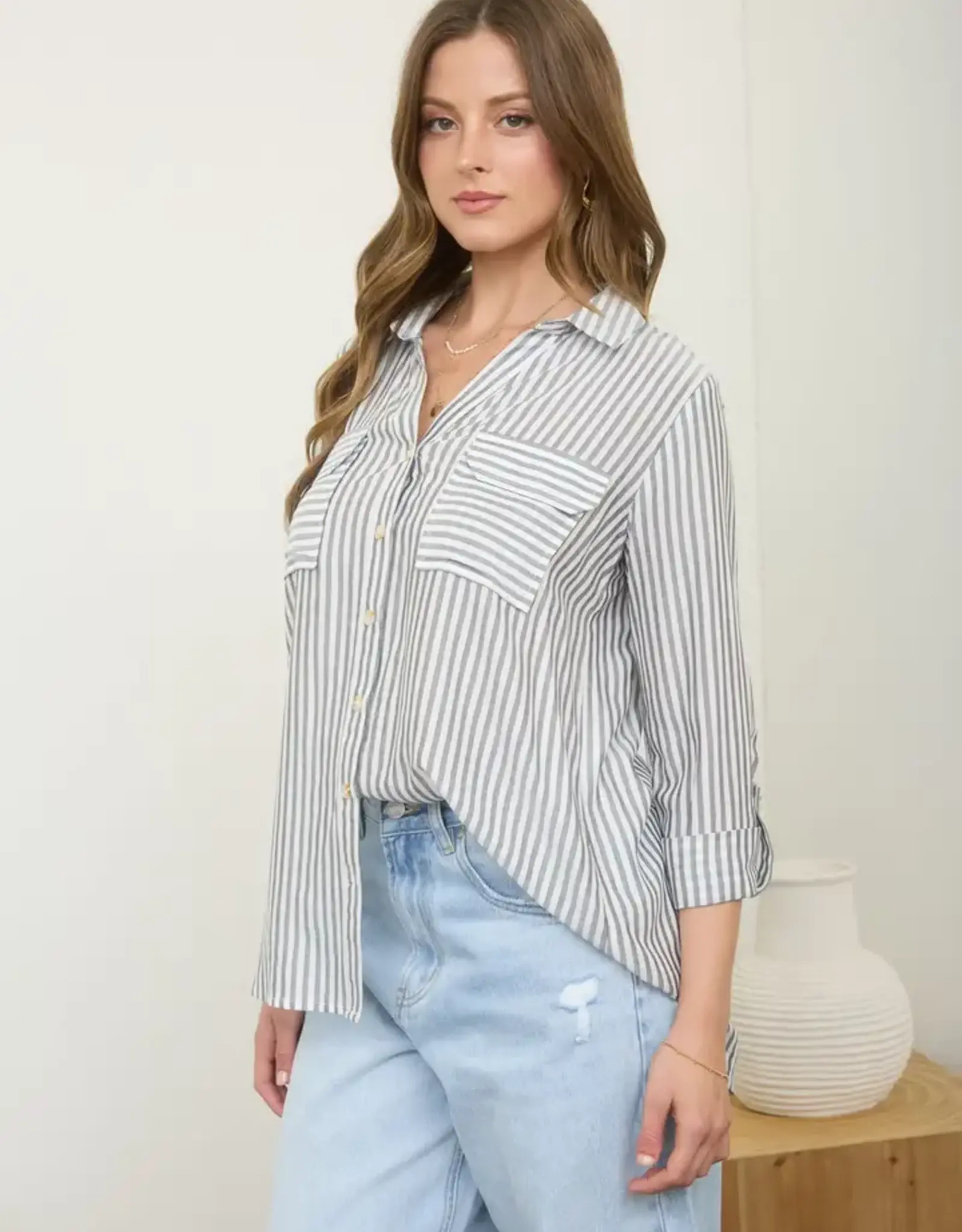 Blu Pepper Stripe Button Down Long Sleeve Top