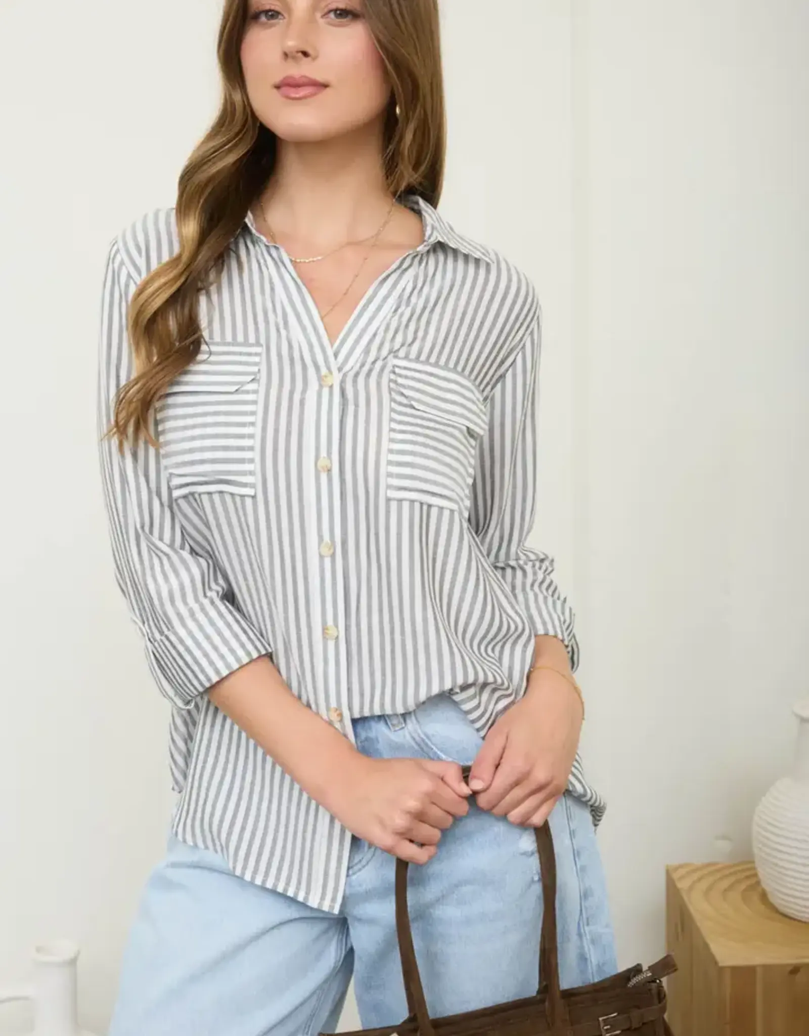 Blu Pepper Stripe Button Down Long Sleeve Top