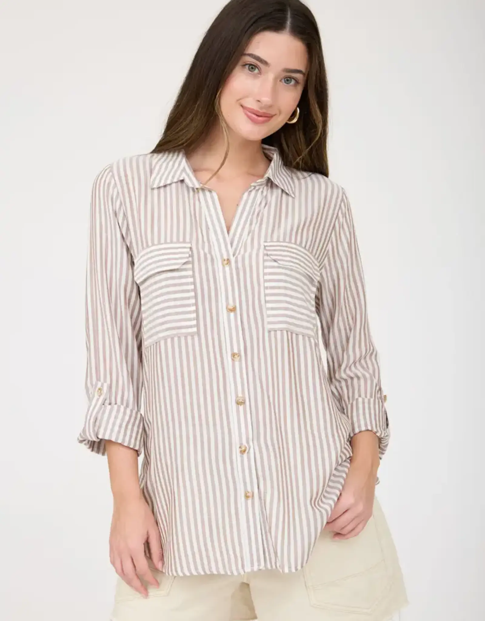 Blu Pepper Stripe Button Down Long Sleeve Top