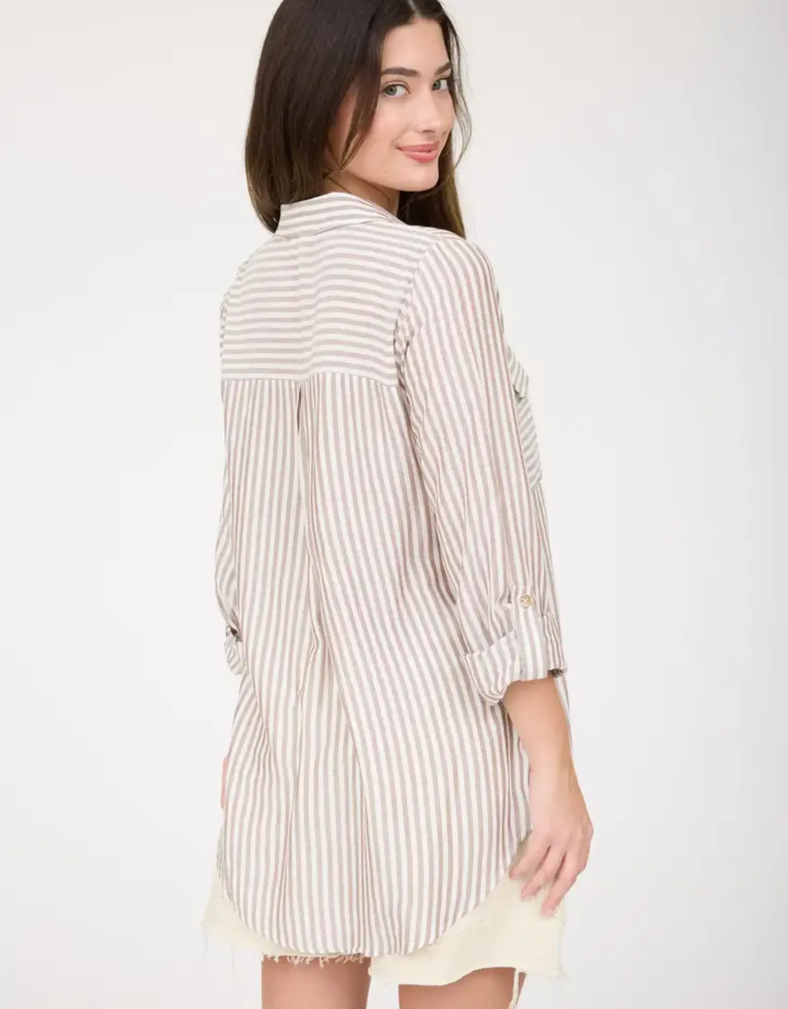 Blu Pepper Stripe Button Down Long Sleeve Top