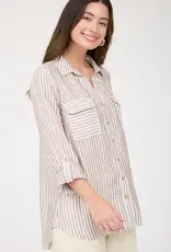 Blu Pepper Stripe Button Down Long Sleeve Top
