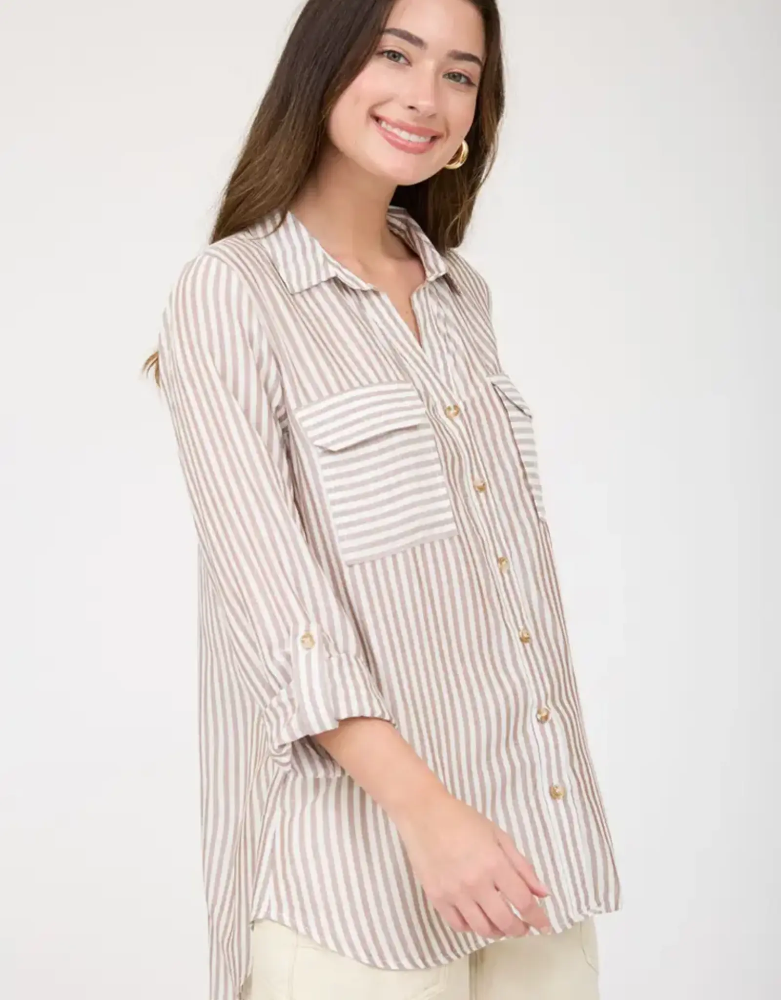 Blu Pepper Stripe Button Down Long Sleeve Top
