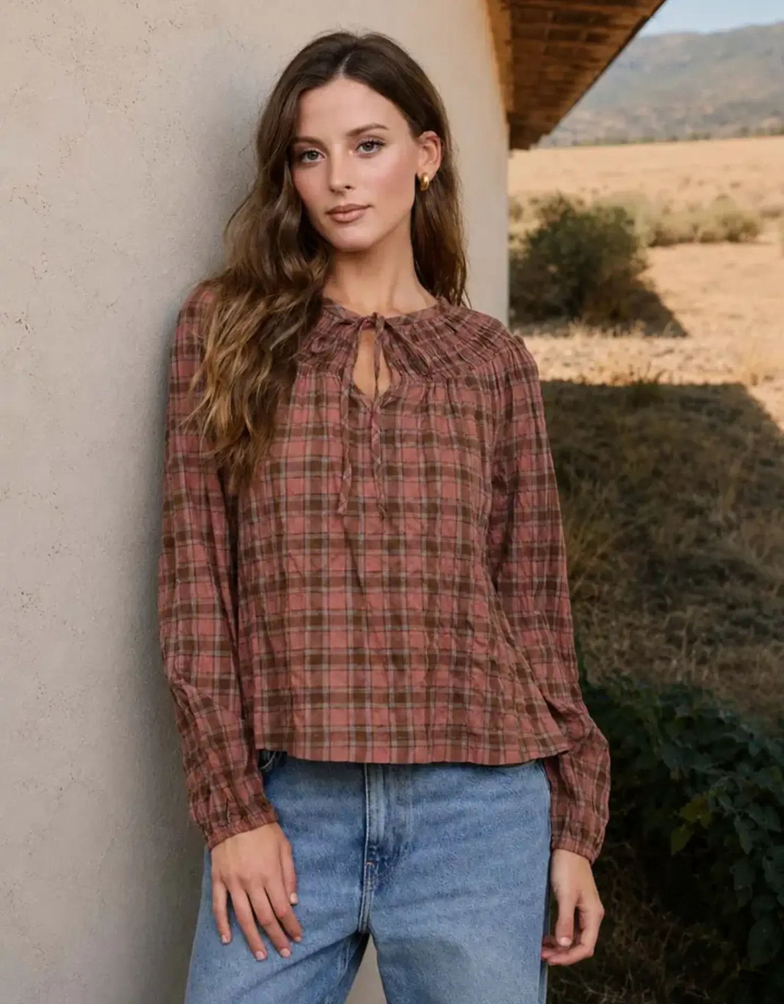 Blu Pepper Plaid Tie Front Long Sleeve Top