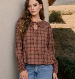 Blu Pepper Plaid Tie Front Long Sleeve Top