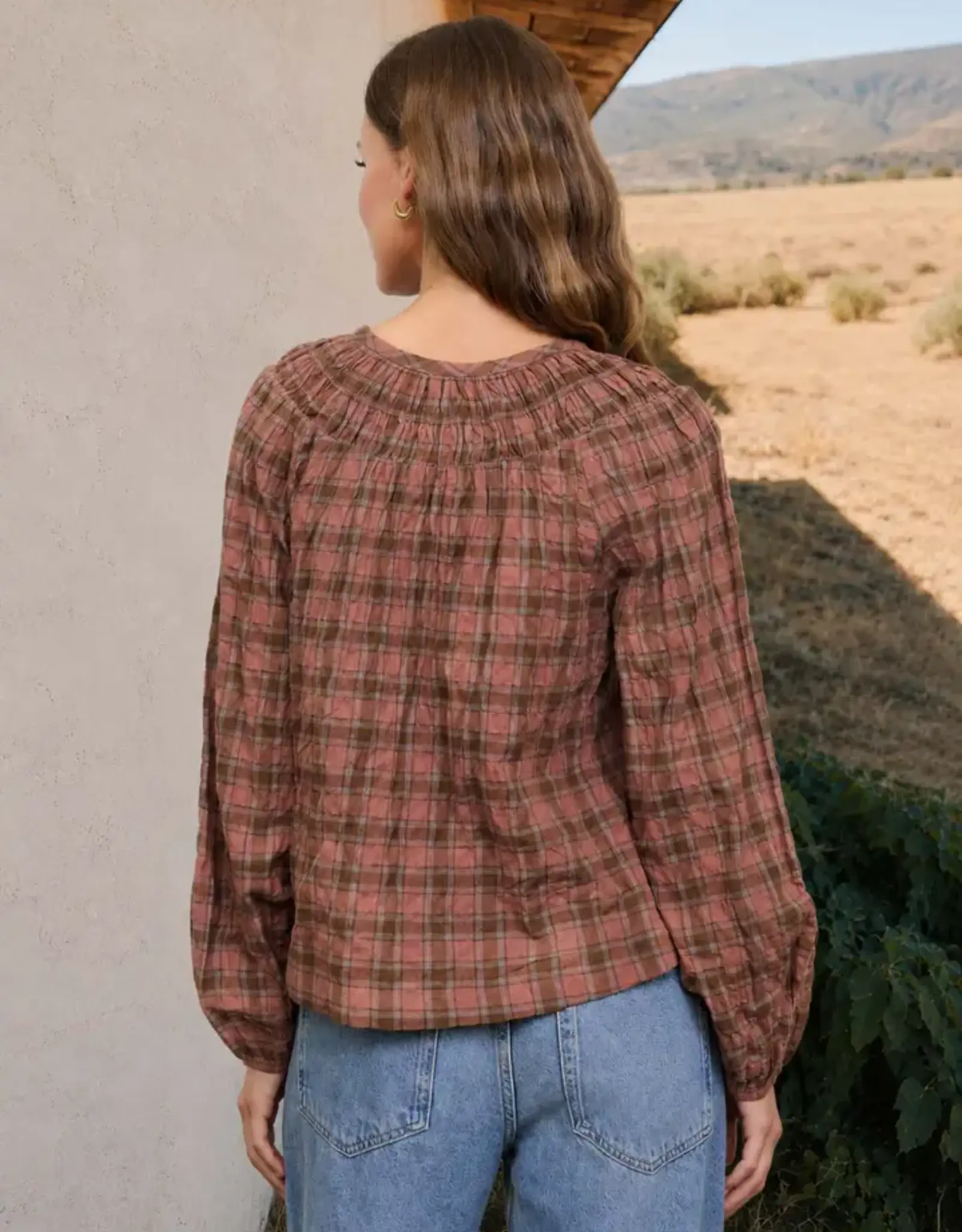 Blu Pepper Plaid Tie Front Long Sleeve Top