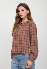 Blu Pepper Plaid Tie Front Long Sleeve Top