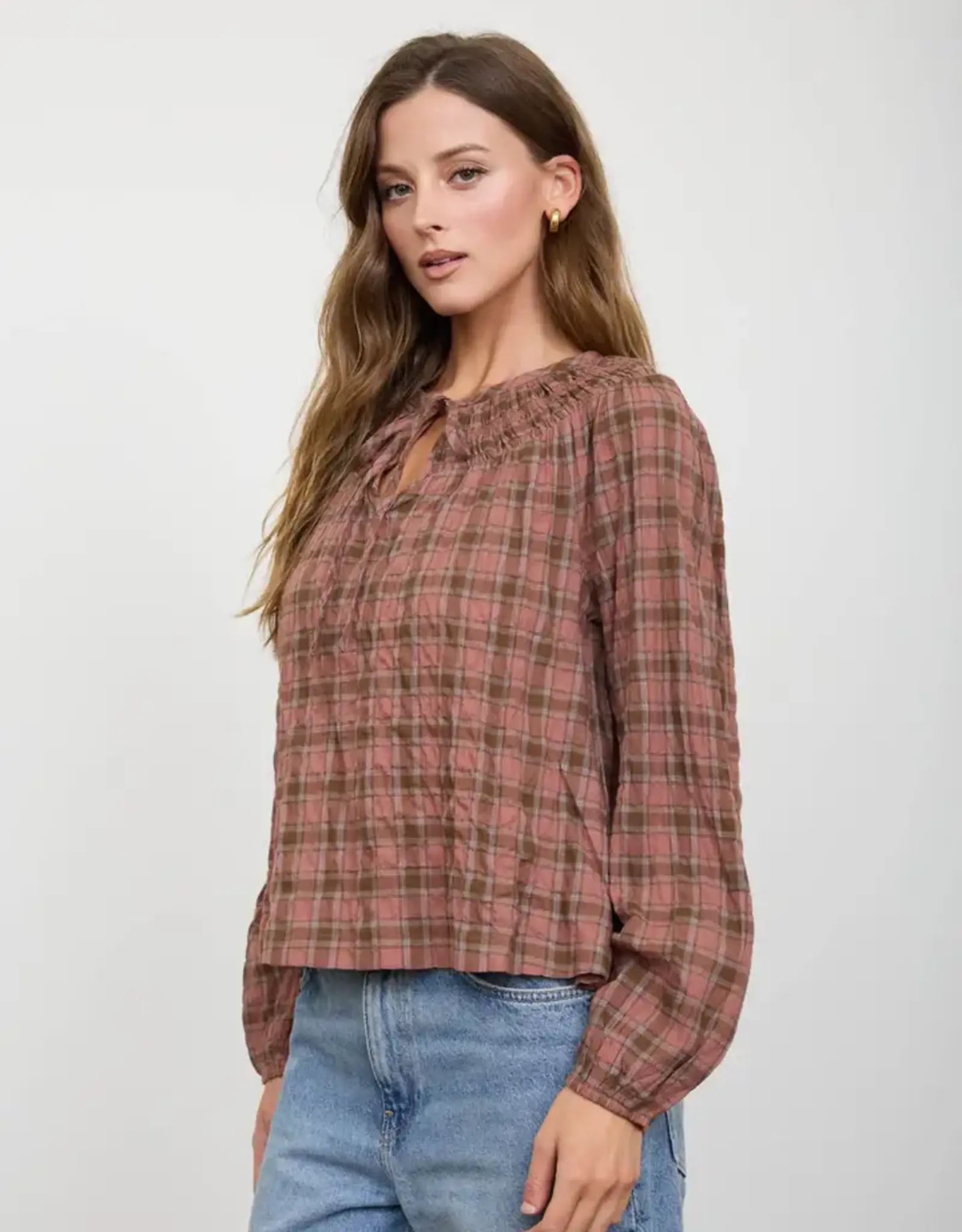 Blu Pepper Plaid Tie Front Long Sleeve Top