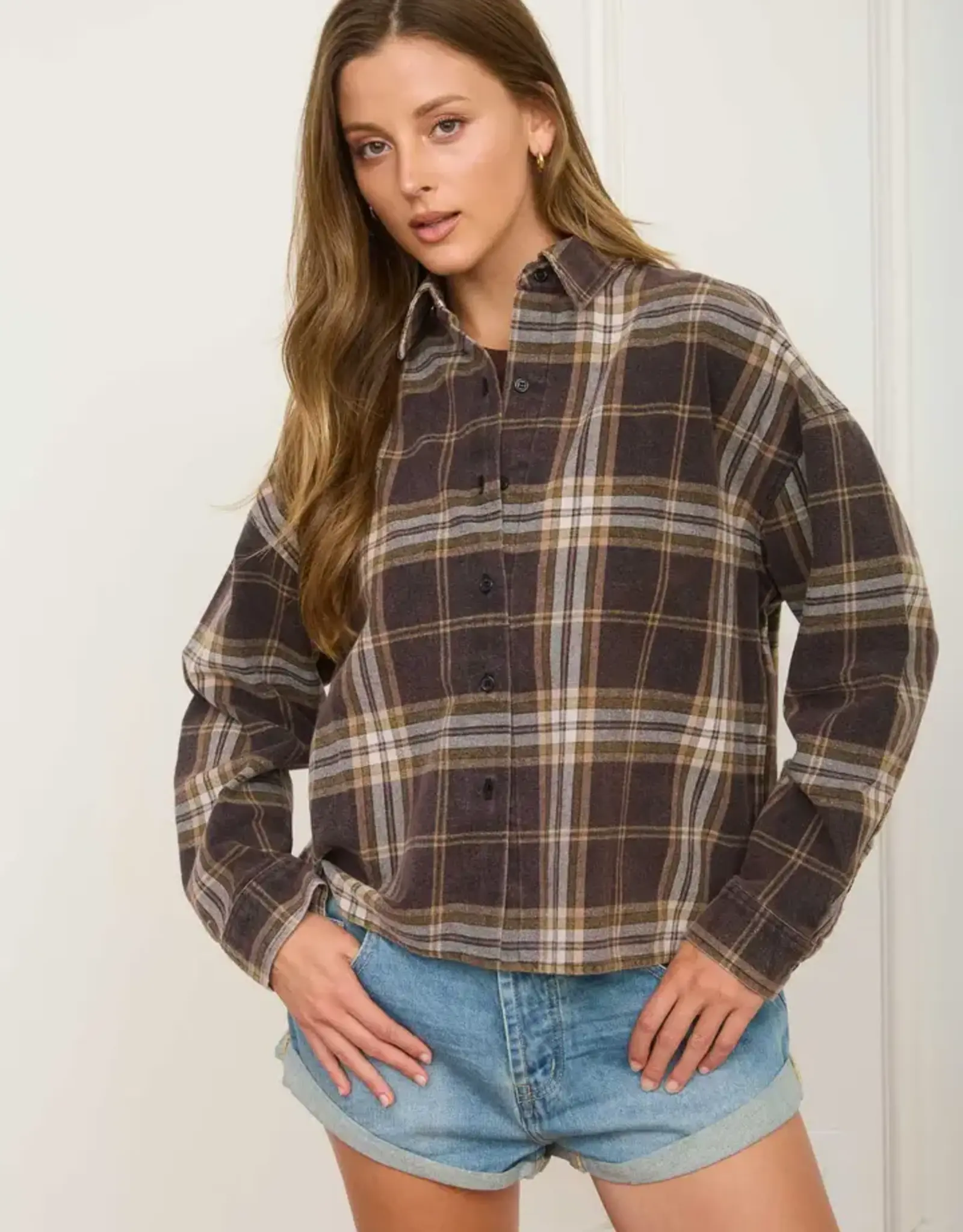 Blu Pepper Plaid Button Down Boxy Long Sleeve