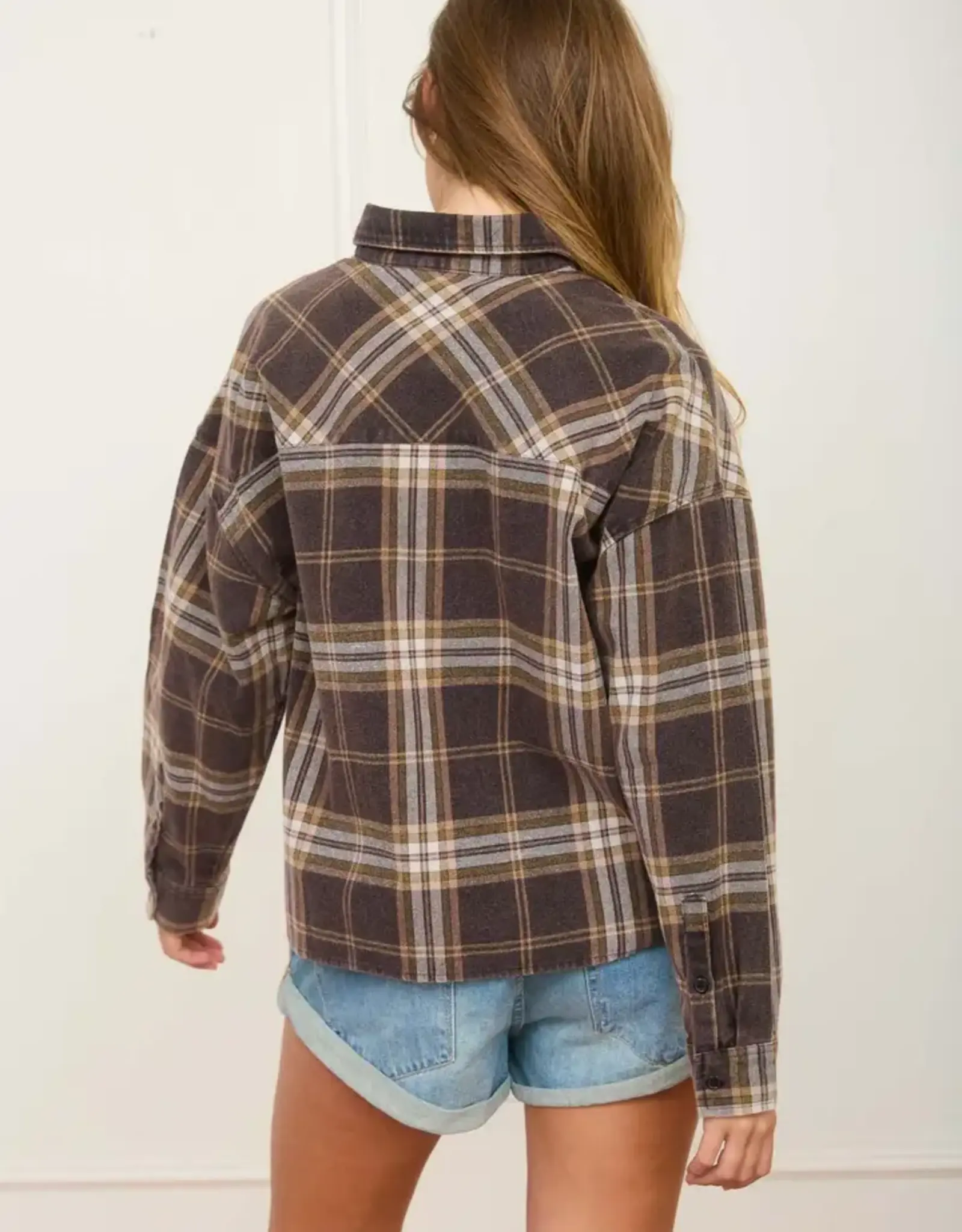 Blu Pepper Plaid Button Down Boxy Long Sleeve