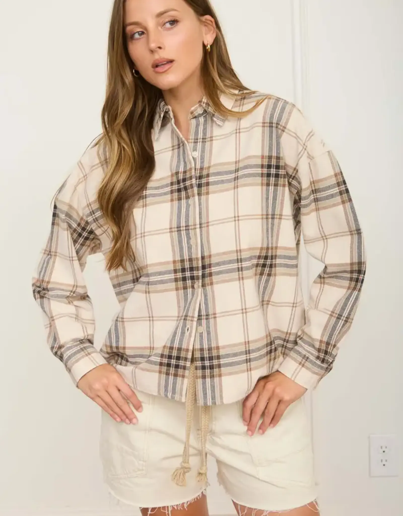 Blu Pepper Plaid Button Down Boxy Long Sleeve