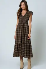 Blu Pepper Plaid Smocked V-Neck Button Down Dress