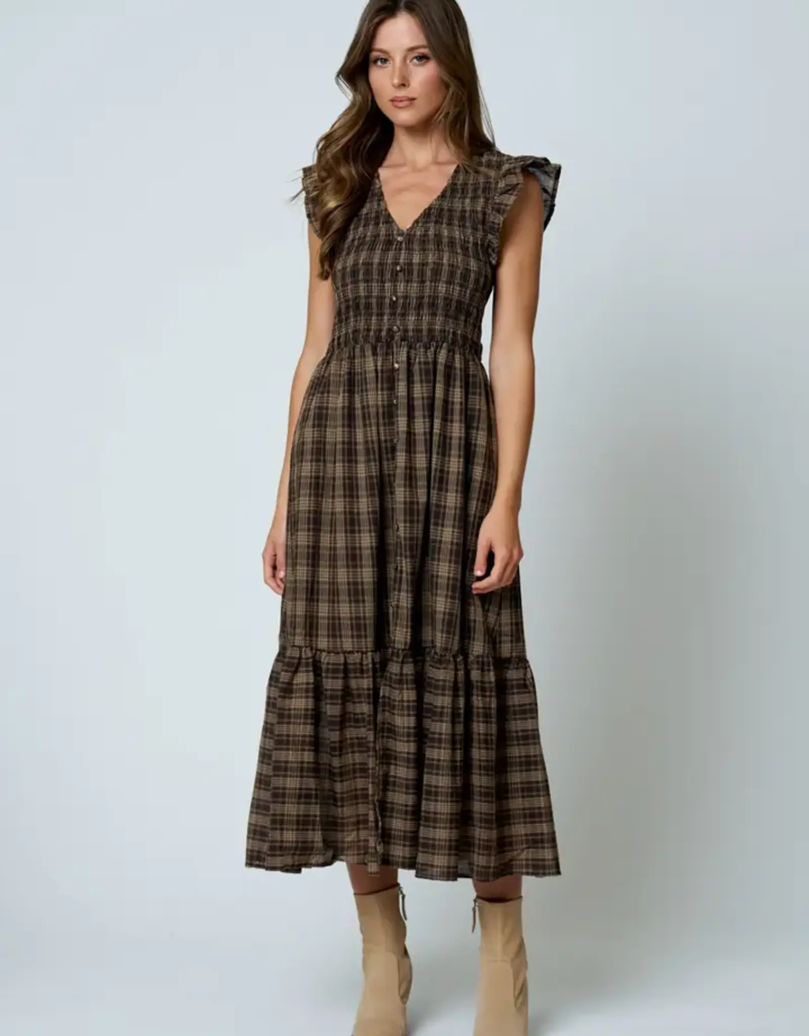 Blu Pepper Plaid Smocked V-Neck Button Down Dress