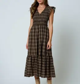 Blu Pepper Plaid Smocked V-Neck Button Down Dress