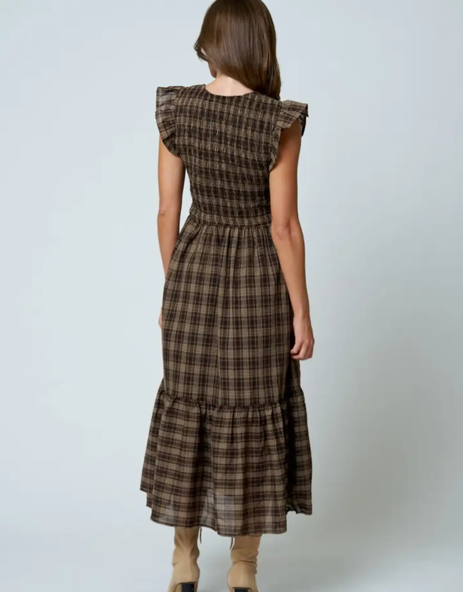 Blu Pepper Plaid Smocked V-Neck Button Down Dress