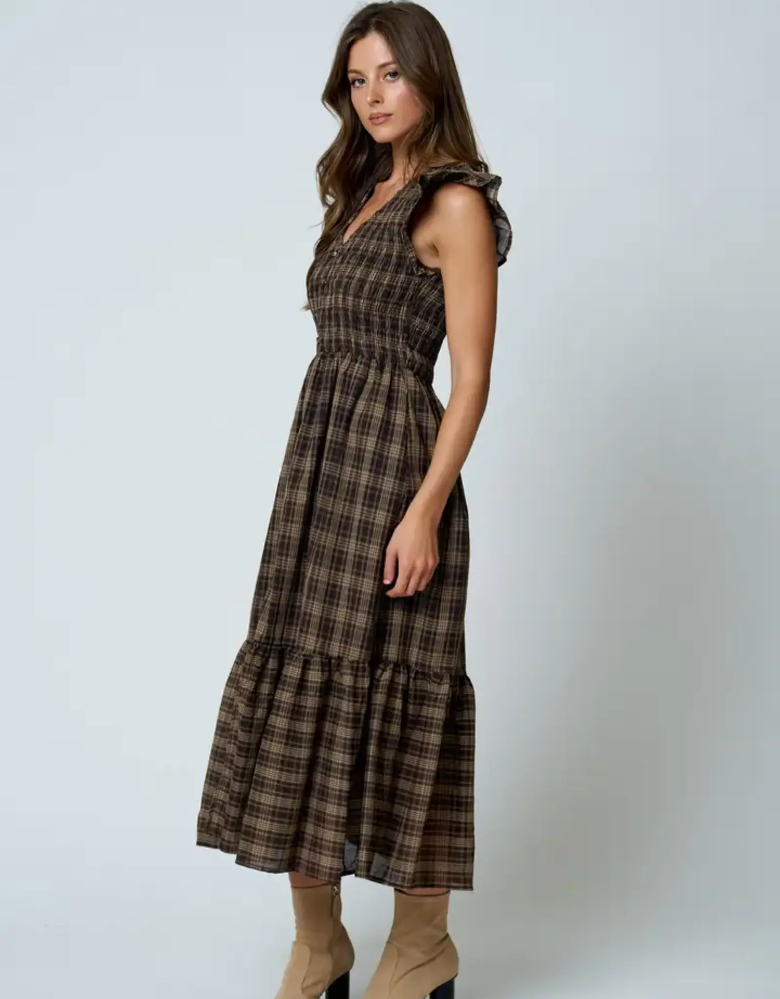 Blu Pepper Plaid Smocked V-Neck Button Down Dress