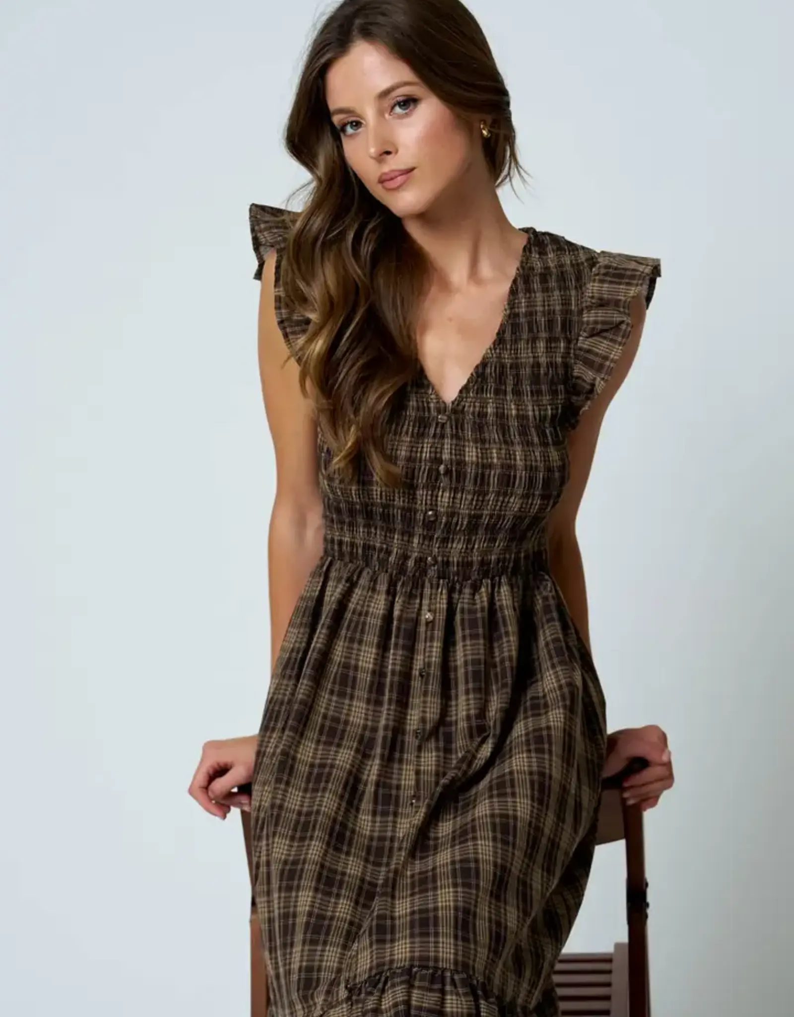 Blu Pepper Plaid Smocked V-Neck Button Down Dress