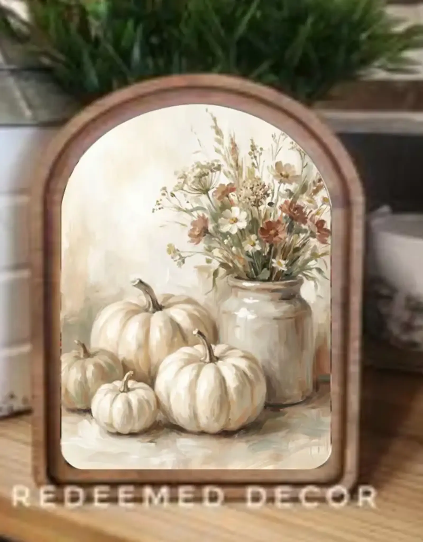 Redeemed Decor Arch Top Framed Art, Cream Pumpkins 8x11"