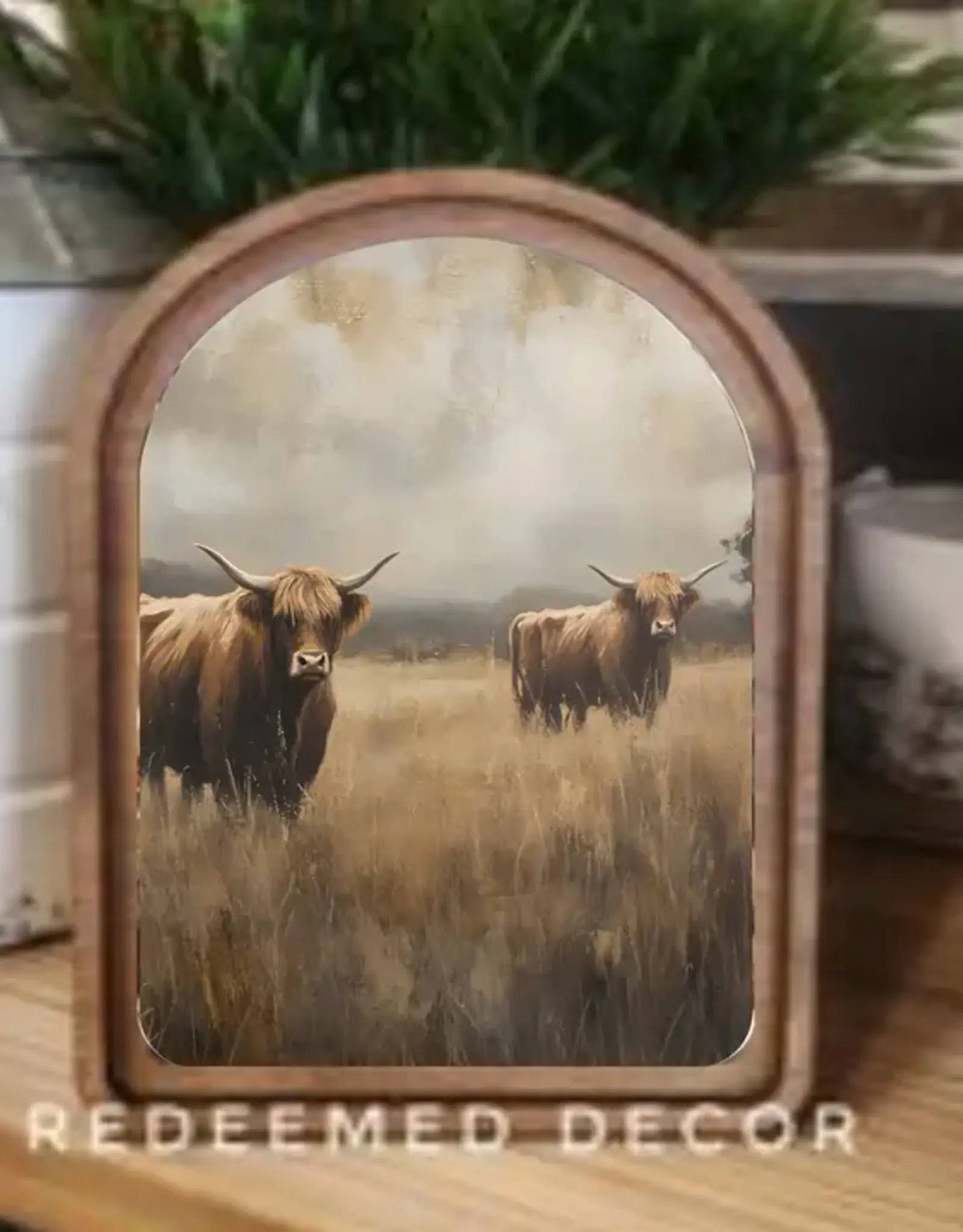 Redeemed Decor Arch Top Framed Art, Meadow Highland 8x11"