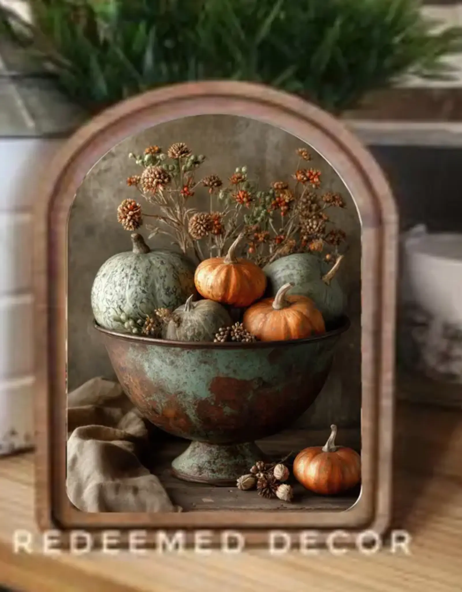Redeemed Decor Arch Top Framed Art, Pumpkin In Bowl