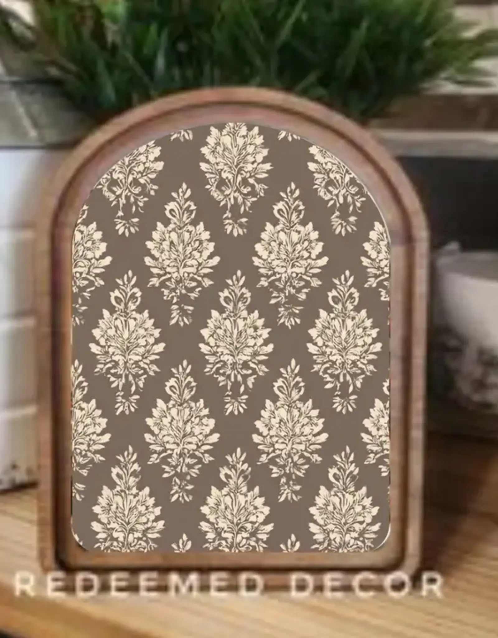 Redeemed Decor Arch Top Framed Art, Brown Cream Damask 8x11"